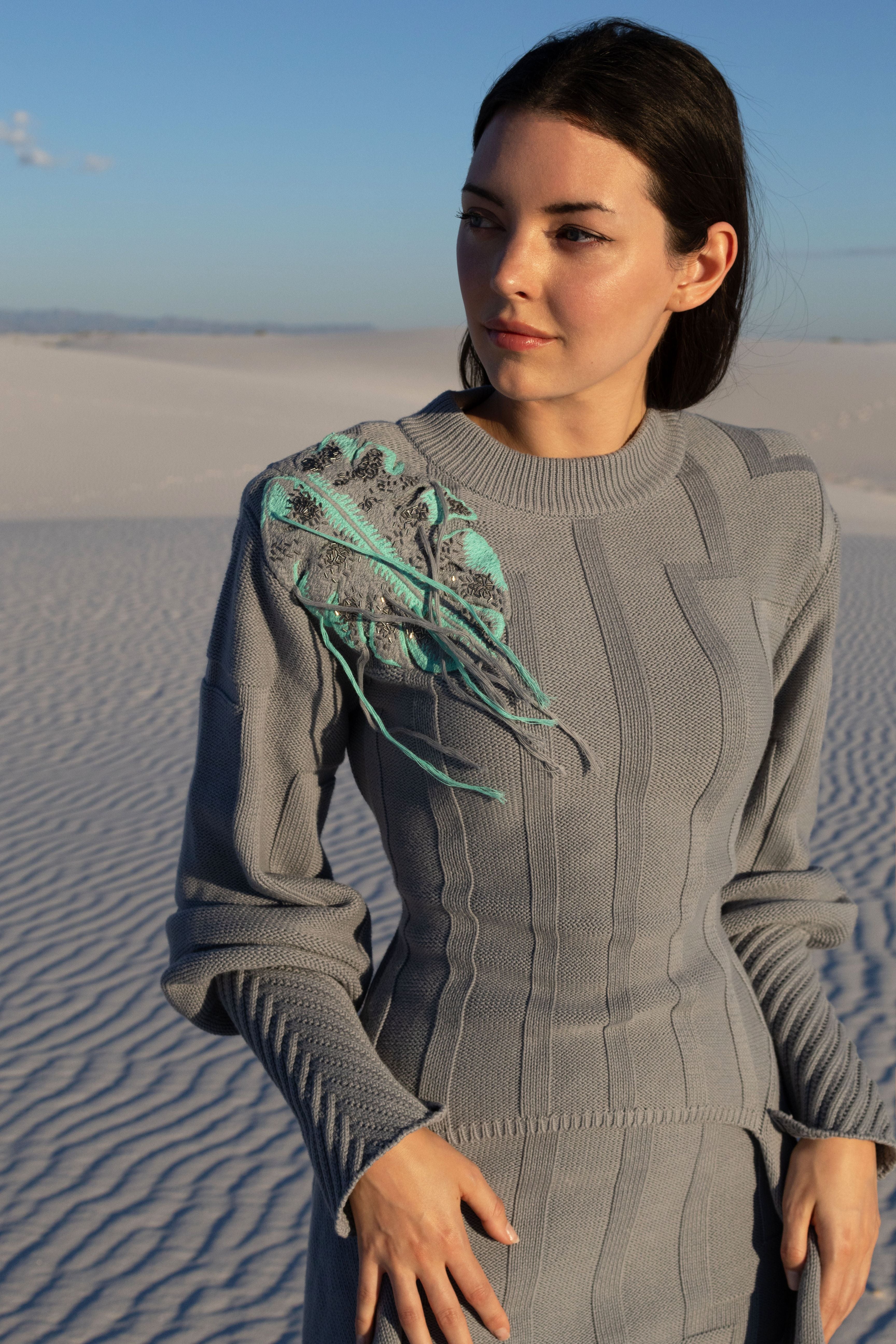 Calisto set with handmade embroidered monstera